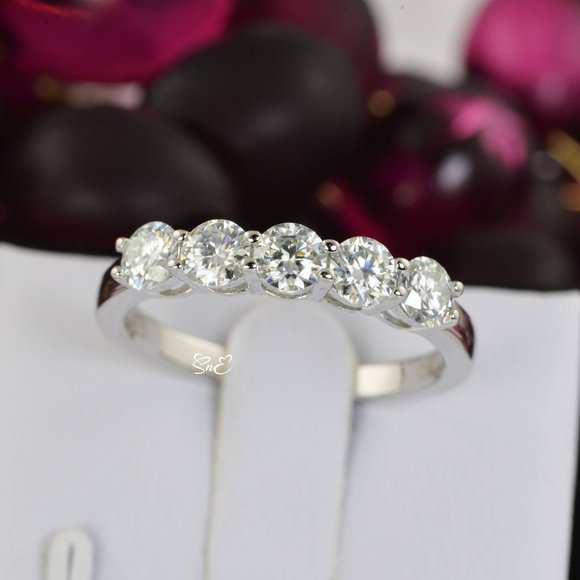 Certified Moissanite Ring .50 ct. Round Brilliant Cut 5 Stone Band Ring - Picture 3 of 7